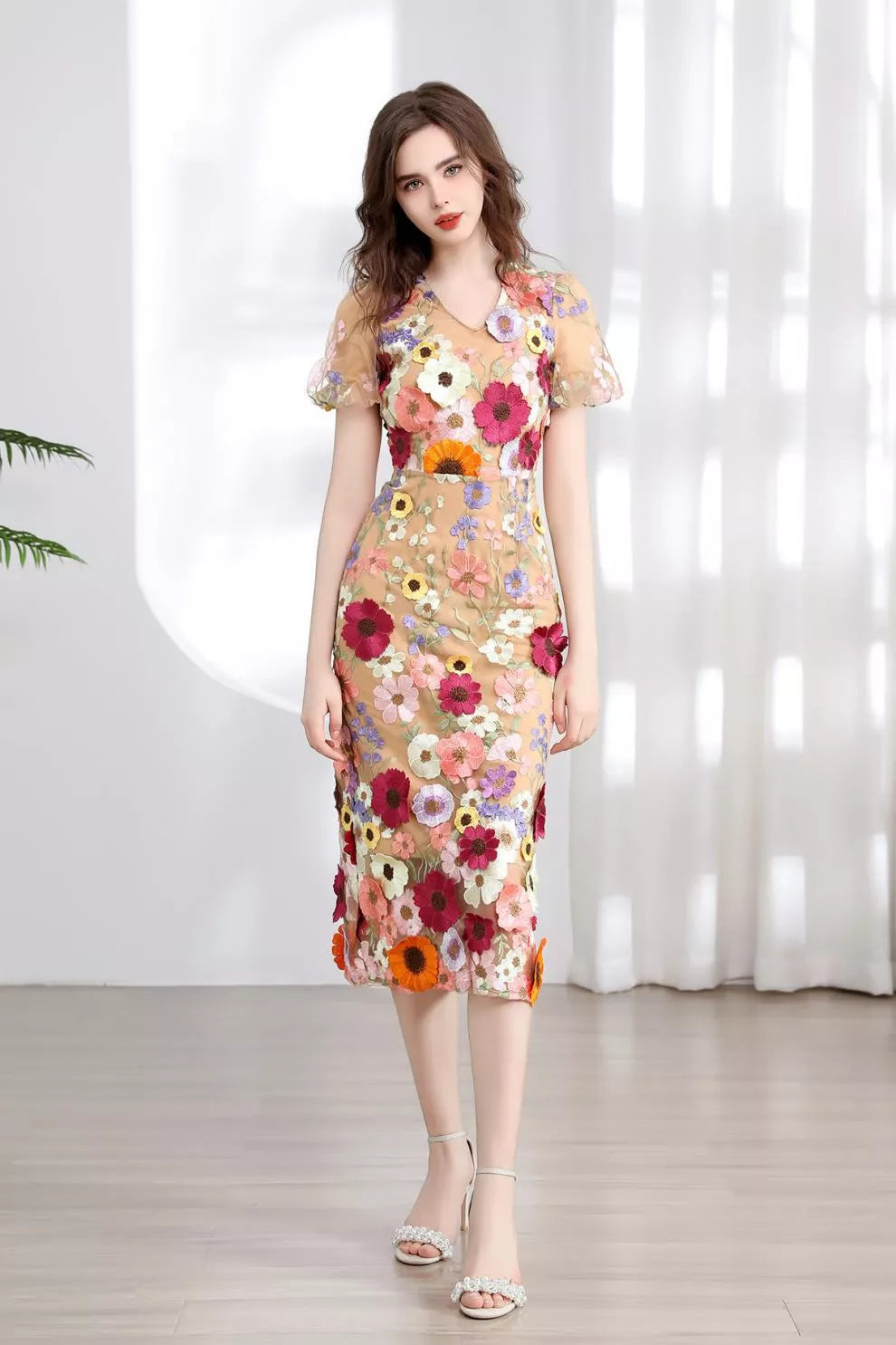 Floral Embroidered Puff Sleeve Midi Dress (32)