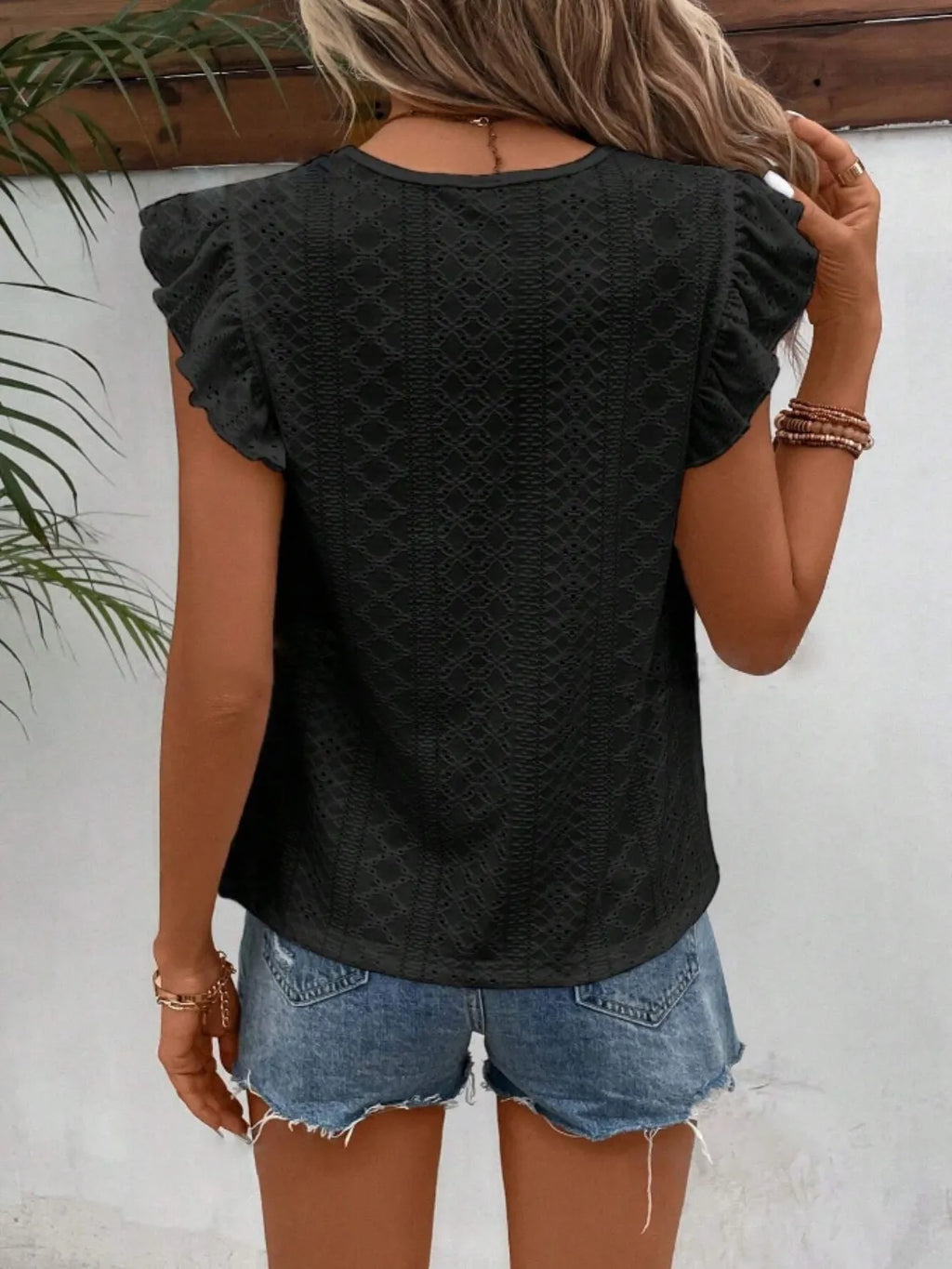 Eyelet Round Neck Cap Sleeve Top (30)