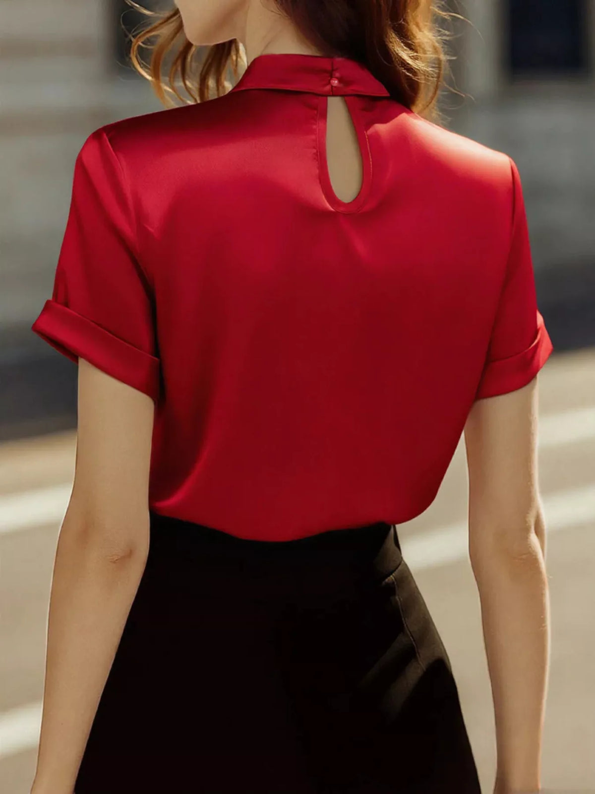 Satin Keyhole Short Sleeve Blouse (11)