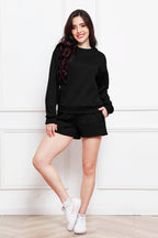 Round Neck Long Sleeve Sweatshirt Drawstring Shorts Set (8)