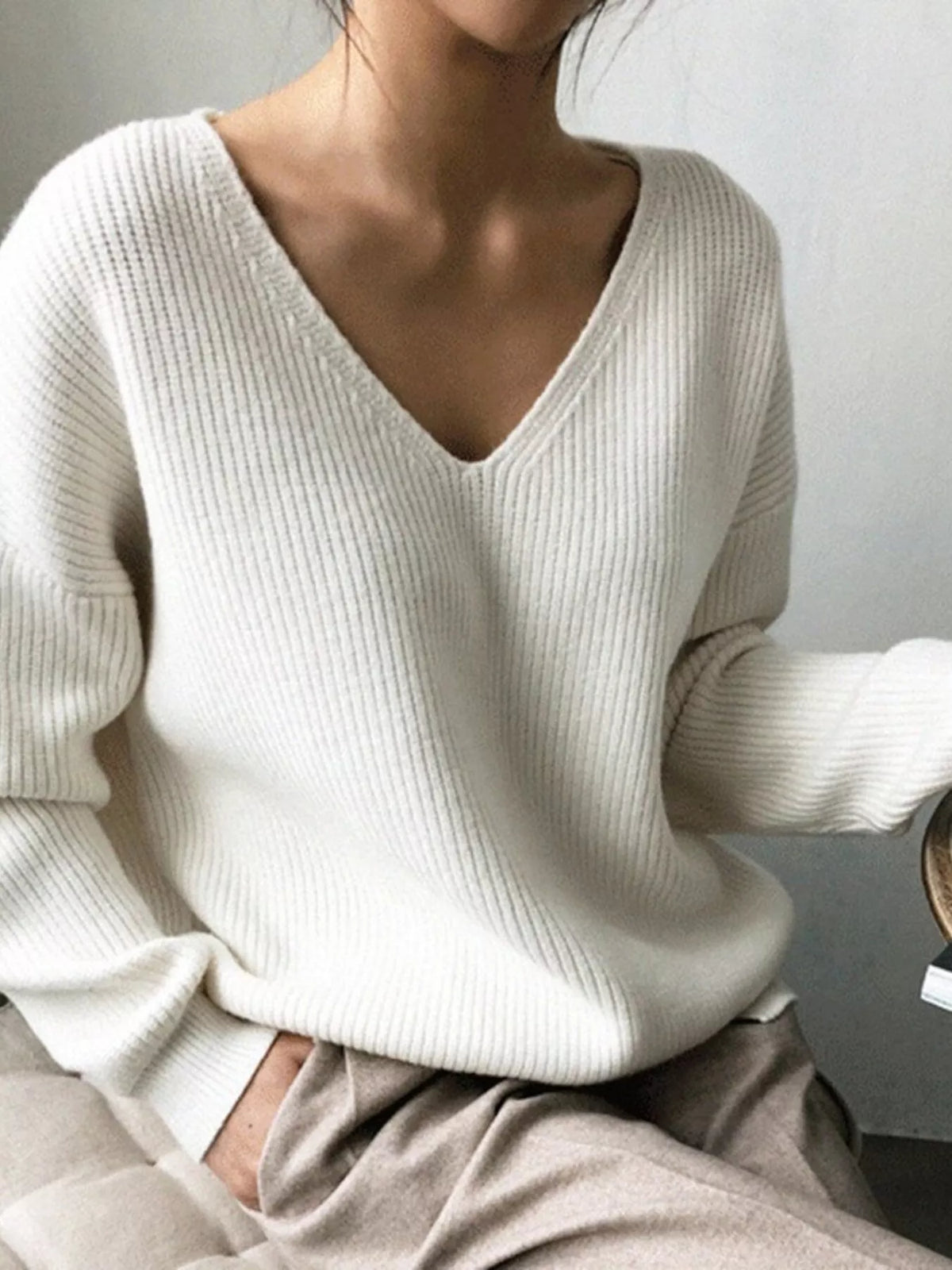 V-neck Dropped Shoulder Sweater