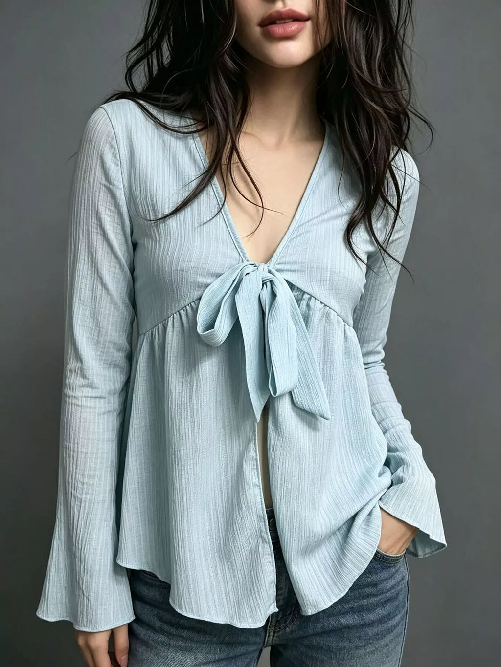 Tie-front Flare Sleeve Blouse (4)