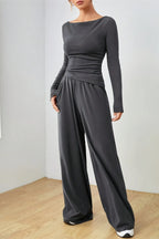 Boat Neck Long Sleeve Top Pants Set (13)