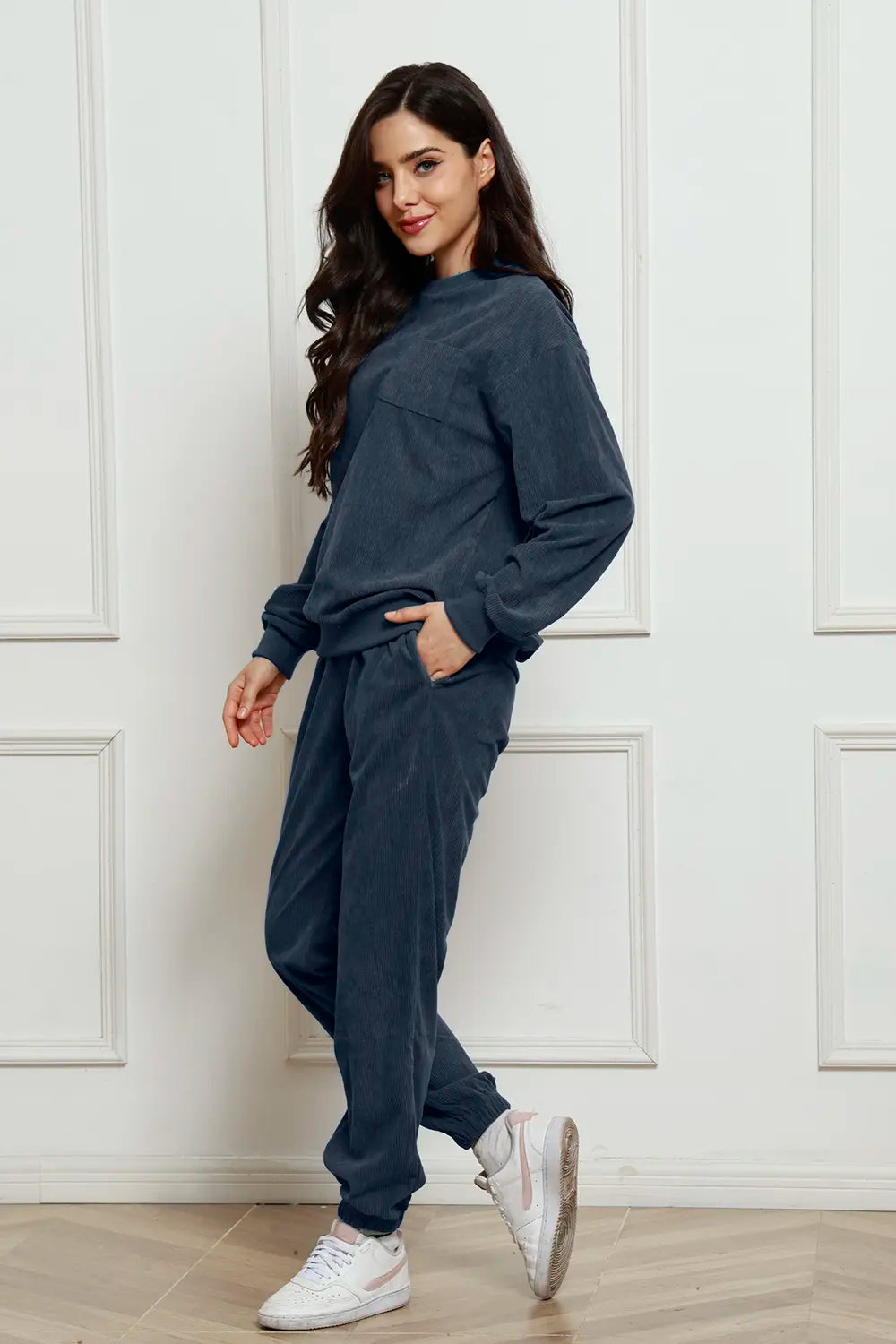 Corduroy Round Neck Sweatshirt Sweatpants Set (2)