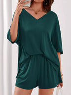 Casual Solid Color V-neck Top Shorts Set (33)