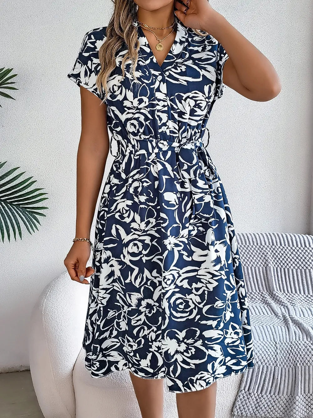Printed V-neck Short Sleeve Dress (14)