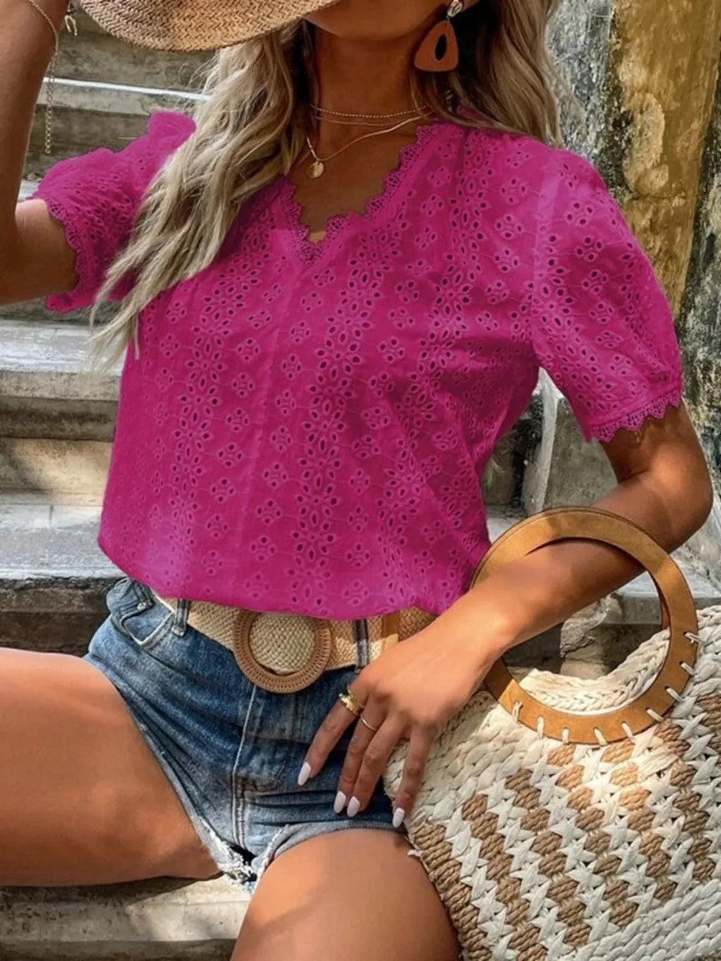 Full Size Eyelet V-neck Short Sleeve Blouse Plus (2)