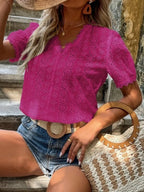 Full Size Eyelet V-neck Short Sleeve Blouse Plus (2)