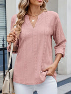 Eyelet Notched Roll-tab Sleeve Top (3)