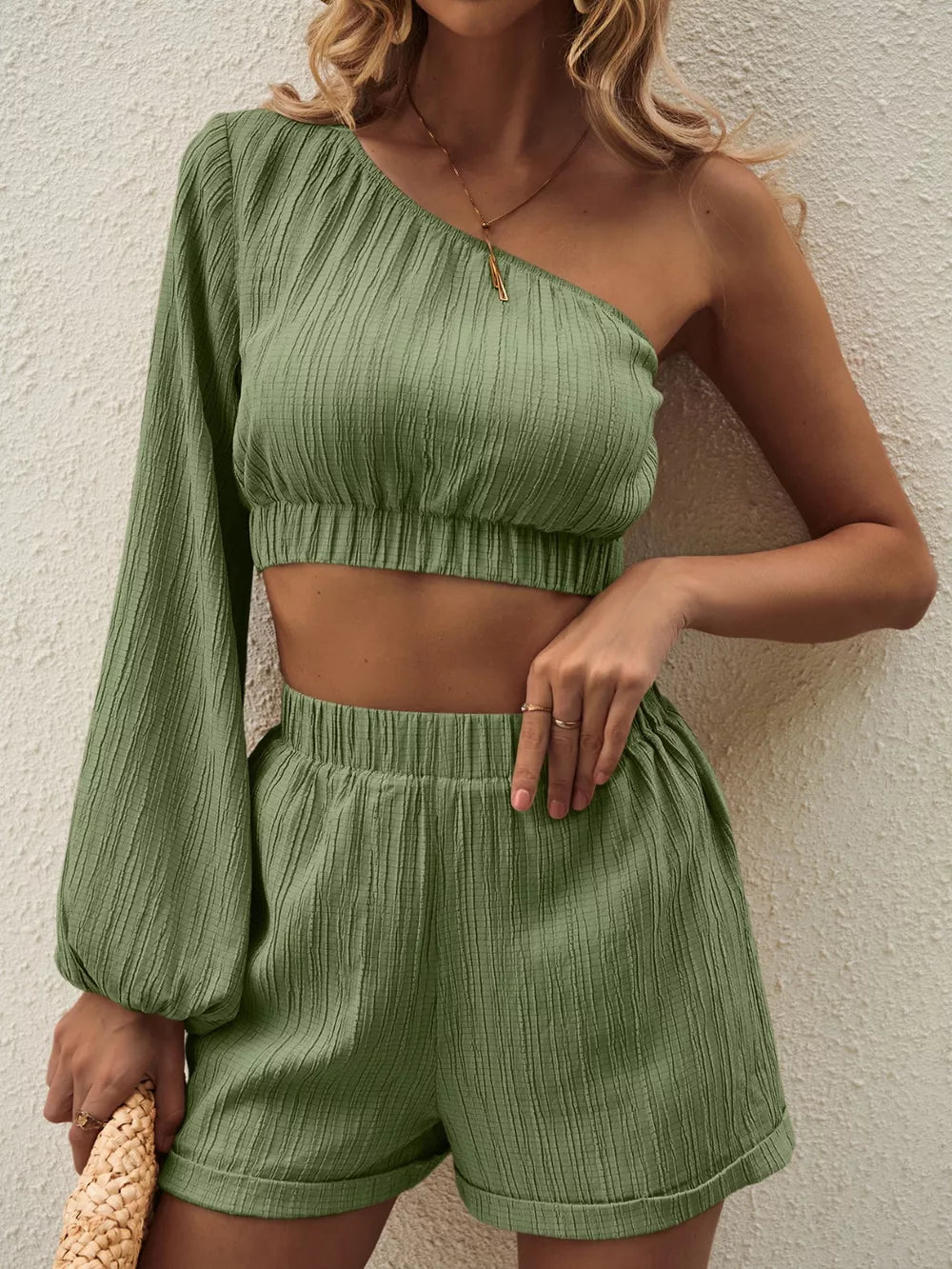 One Shoulder Long Sleeve Top Shorts Set (3)