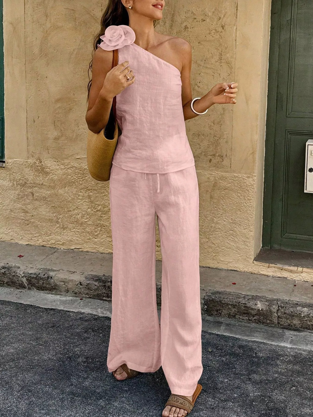 One-shoulder Floral Embellished Top Pants Set (18)