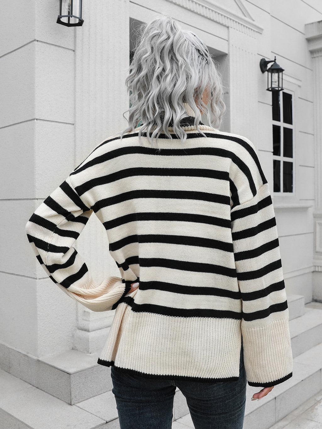 Striped Slit Turtleneck Drop Shoulder Sweater (6)