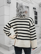 Striped Slit Turtleneck Drop Shoulder Sweater (6)