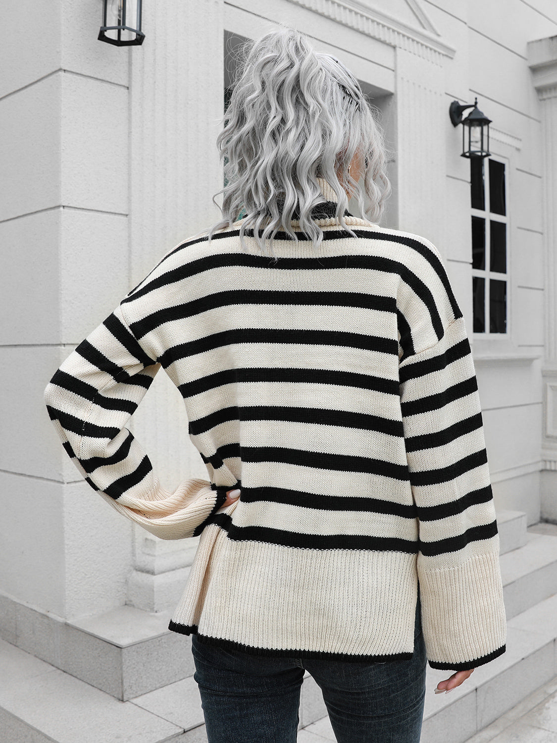 Striped Slit Turtleneck Drop Shoulder Sweater (6)