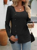 Decorative Button Striped Square Neck Long Sleeve T-shirt (10)