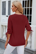 Eyelet Drawstring V-neck Half Sleeve T-shirt (28)