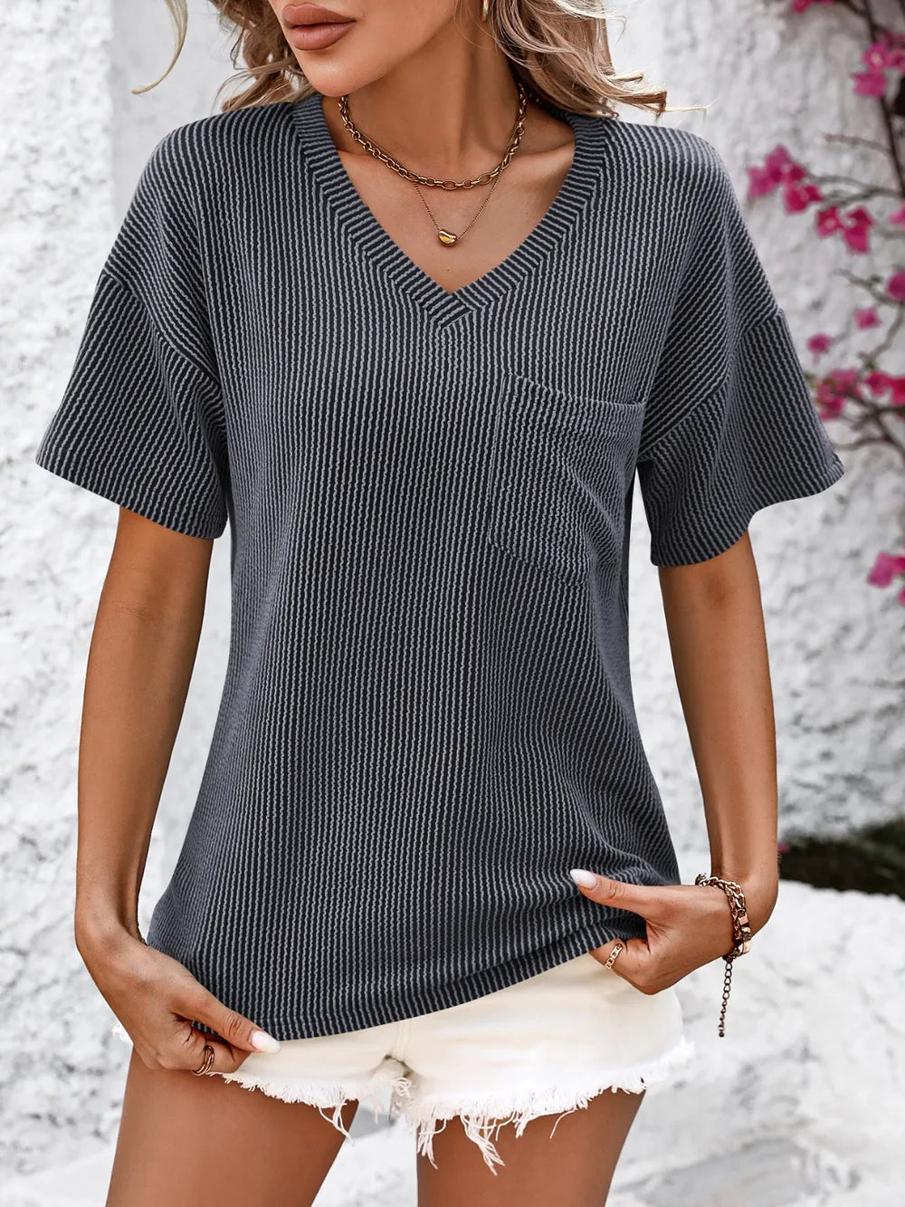 V-neck Dropped Shoulder T-shirt (8)