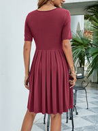 Pleated V-neck Short Sleeve Tee Dress (2)