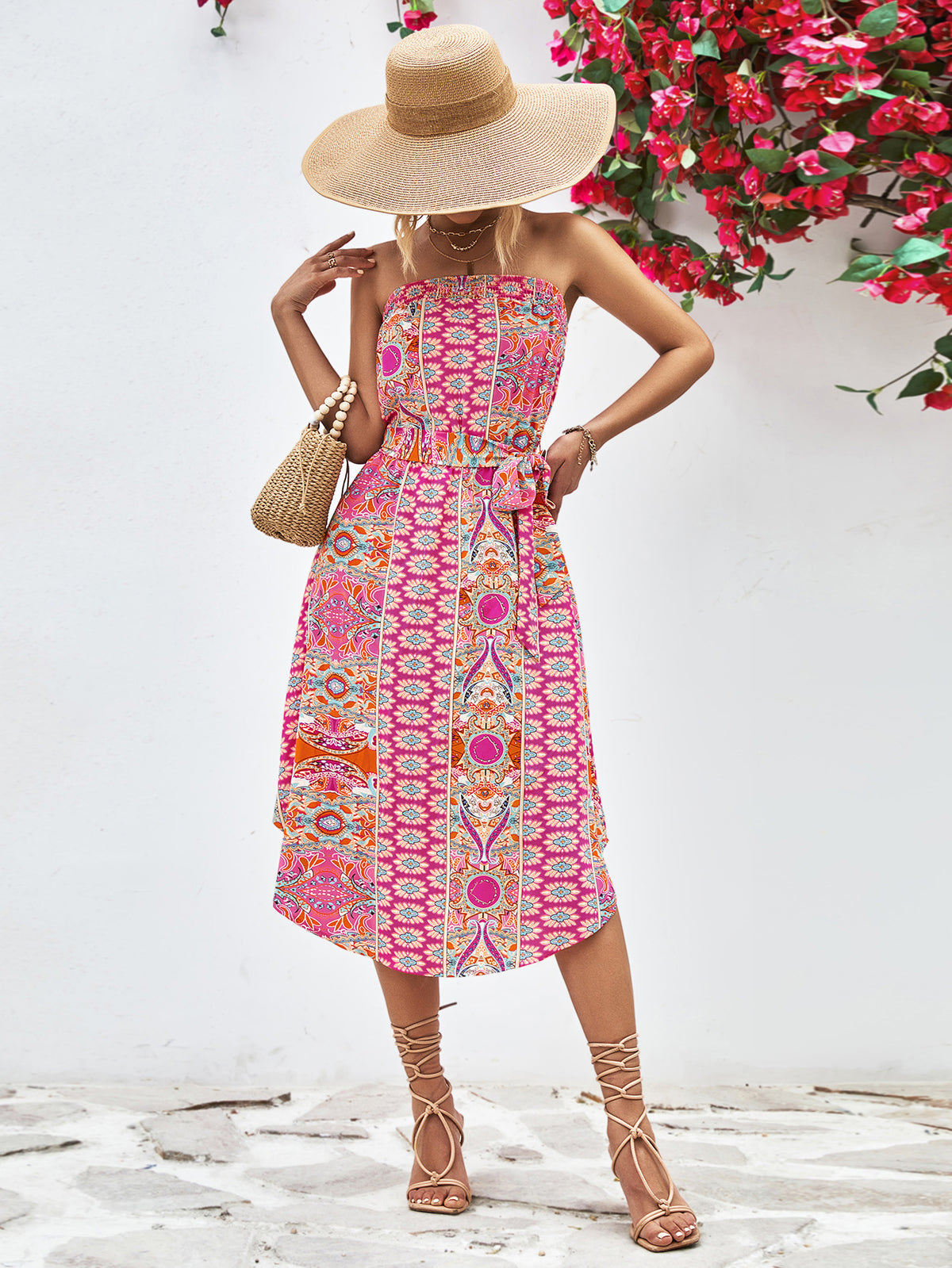 Printed Strapless Tie Belt Dress (5)