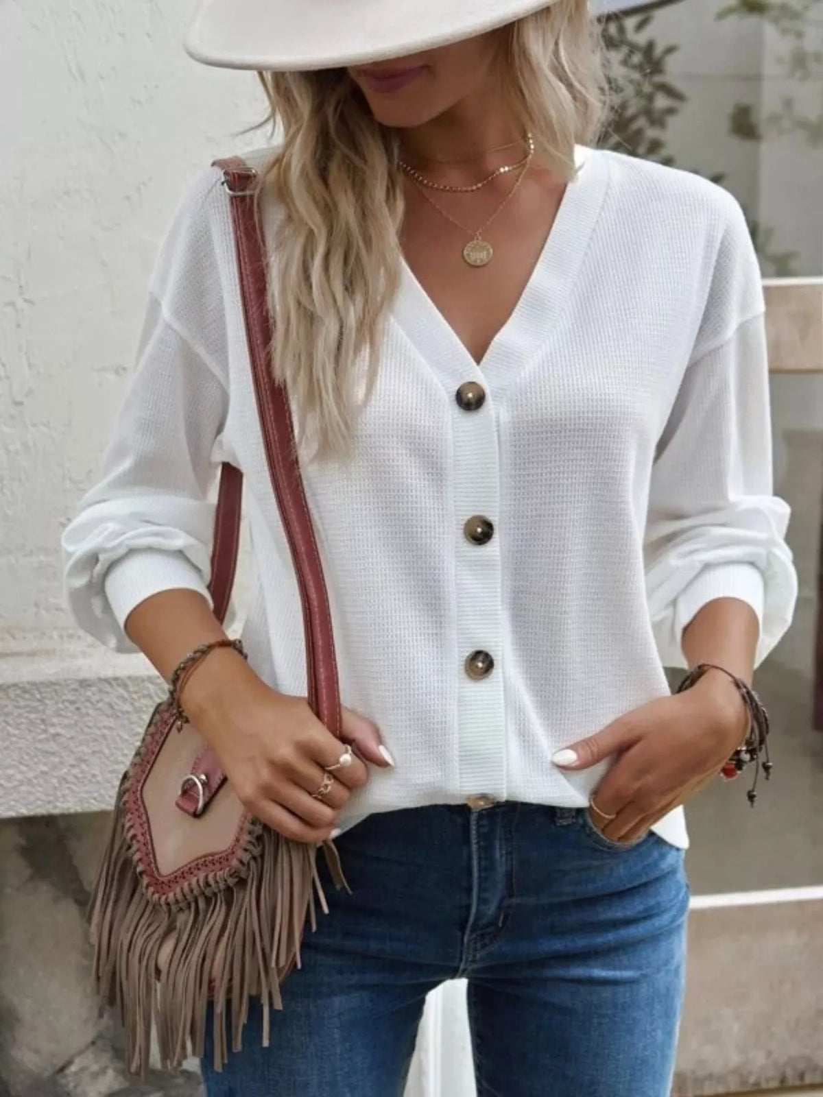 Casual V-neck Waffle Long Sleeve Top