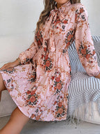 Pleated Printed Tie Neck Long Sleeve Dress (4)