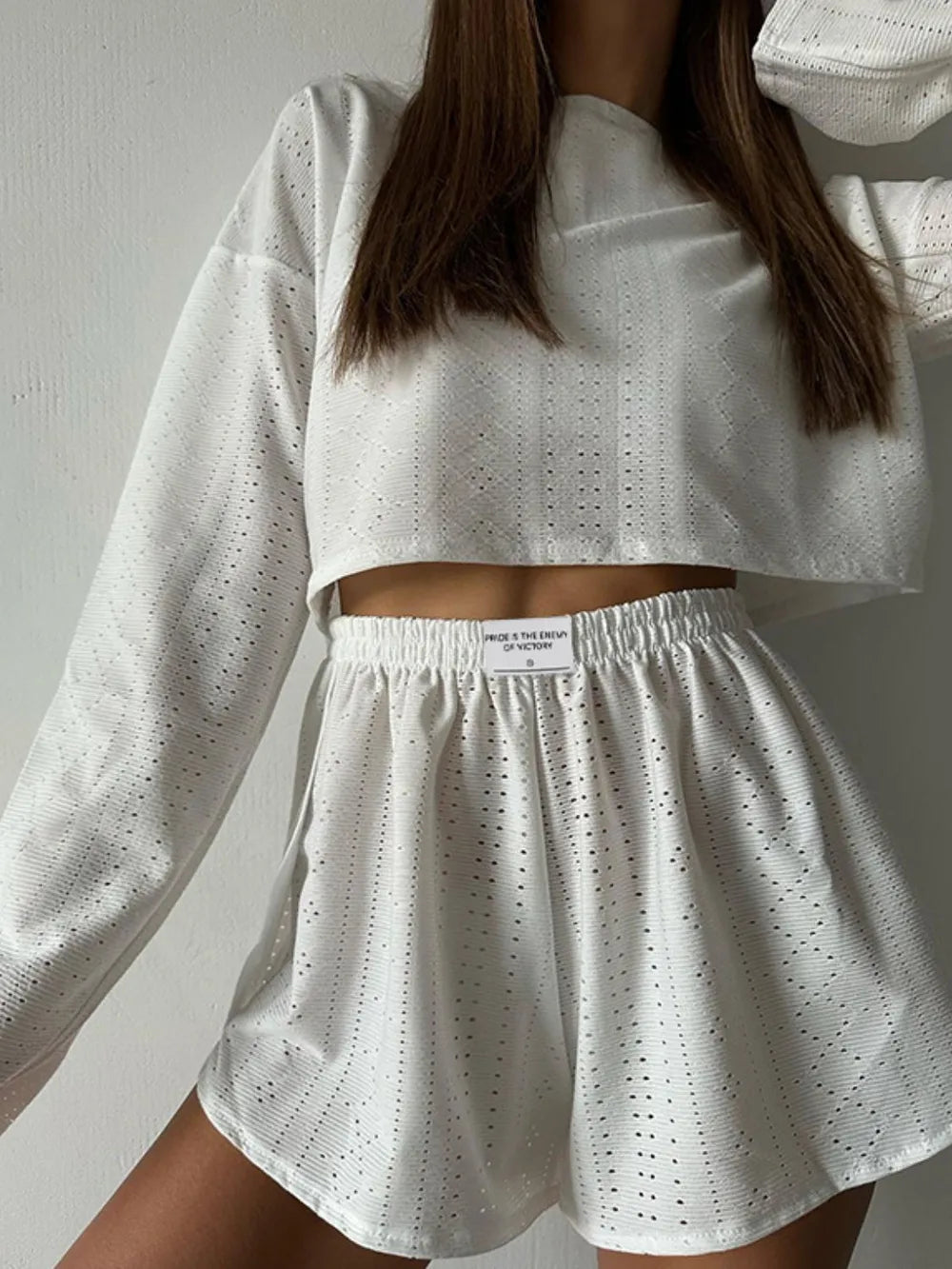 Eyelet Round Neck Top Shorts Set (14)