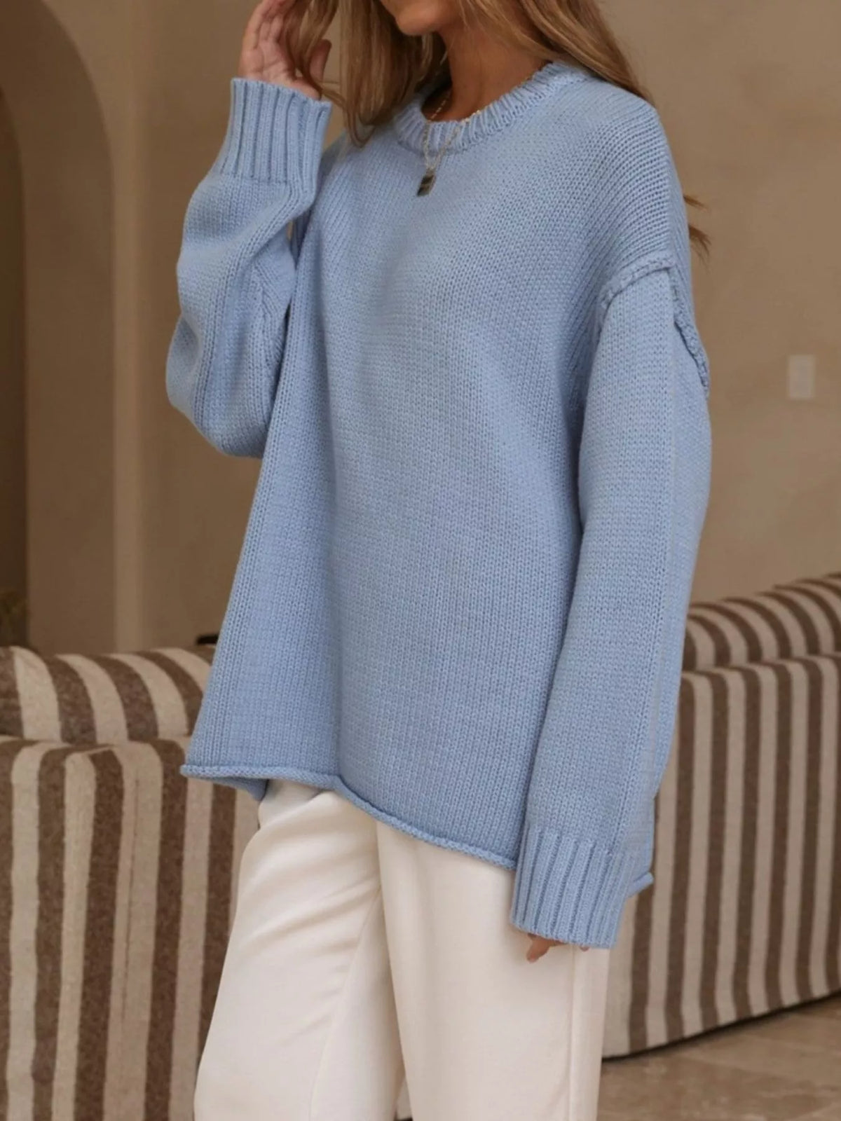 Crew Neck Dropped Shoulder Sweater (7)