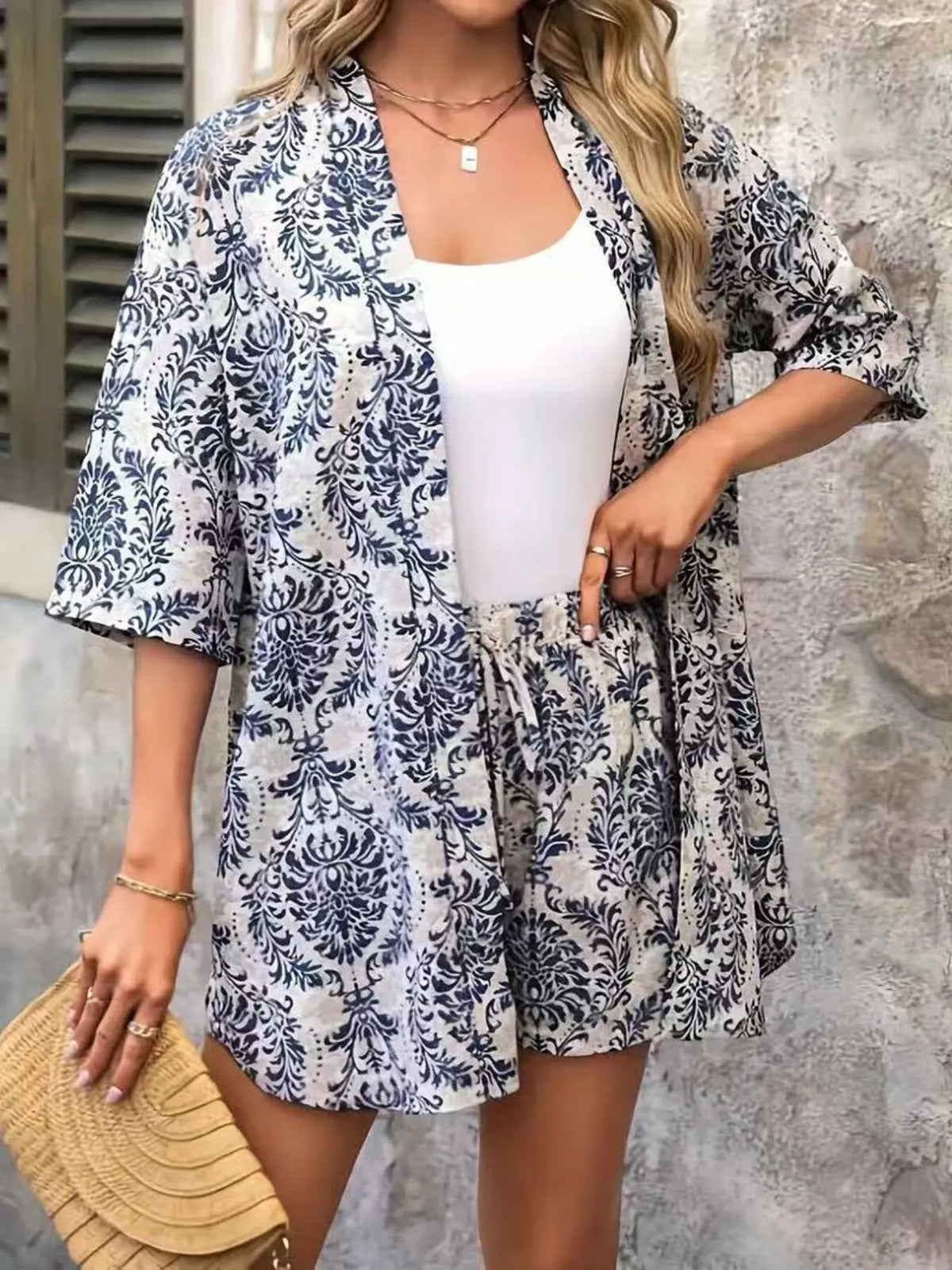 Printed Open Front Cardigan Shorts Set (13)