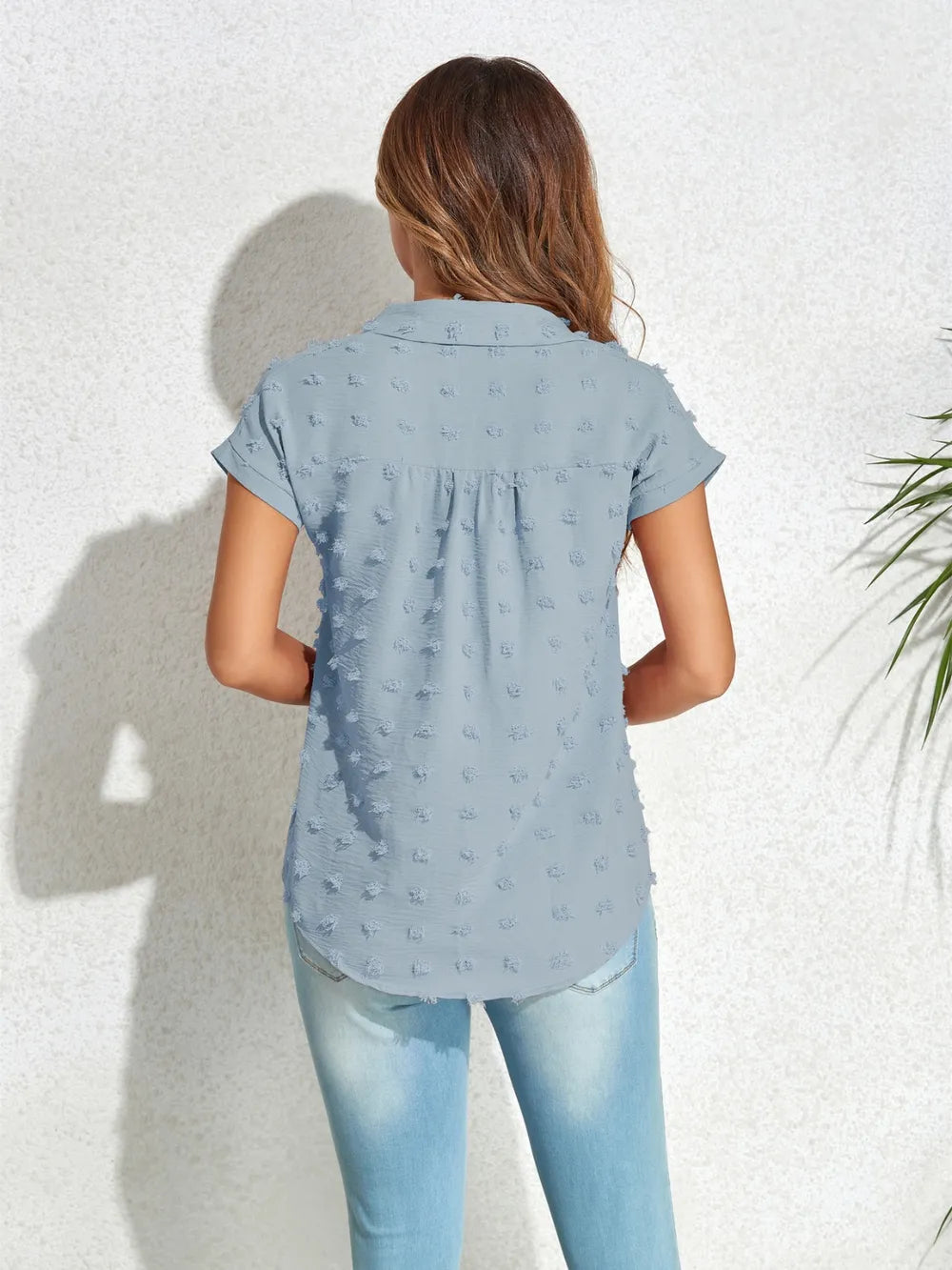 Swiss Dot Button Up Cap Sleeve Shirt (14)