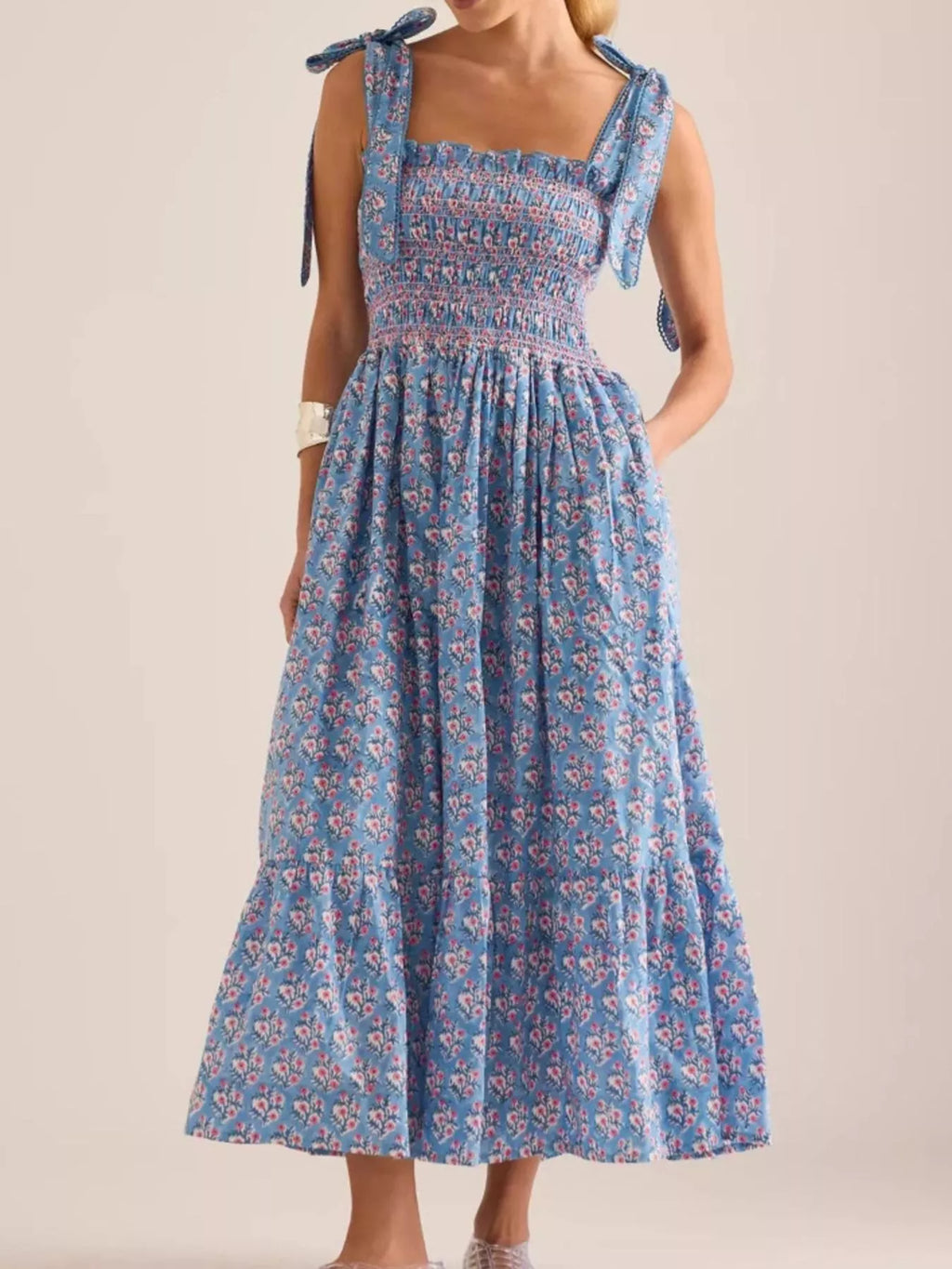 Floral Smocked Tie-shoulder Midi Dress (2)