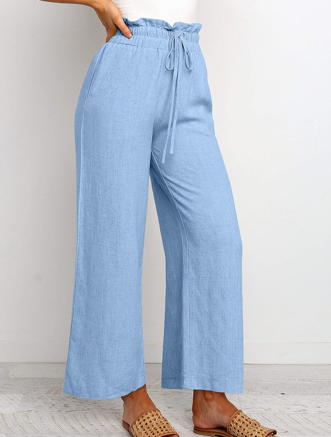 Elastic Waistband Lace-up Wide Leg Pants Solid Color Cropped (12)