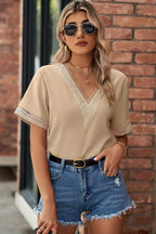 Openwork V-neck Short Sleeve T-shirt (17)