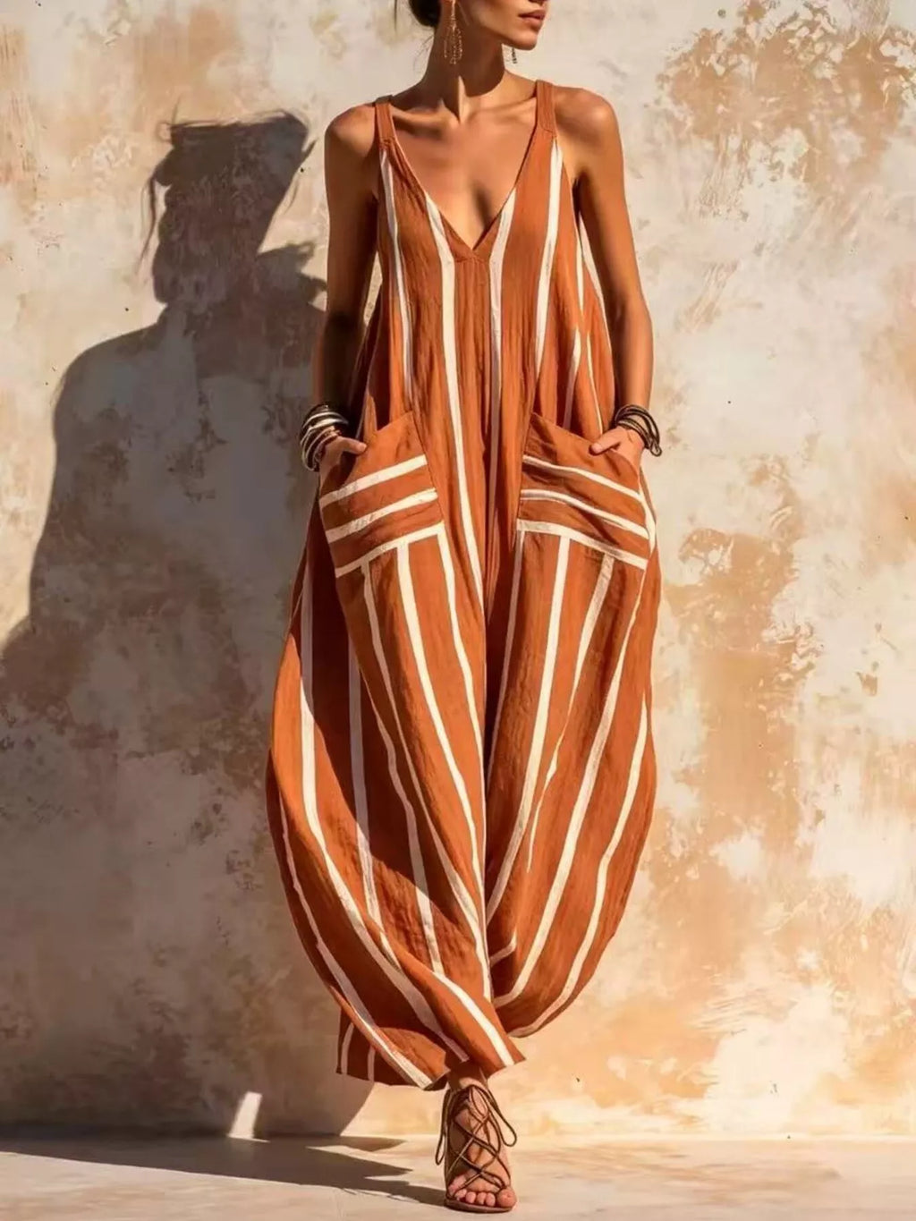 Striped V-neck Sleeveless Wide-leg Jumpsuit