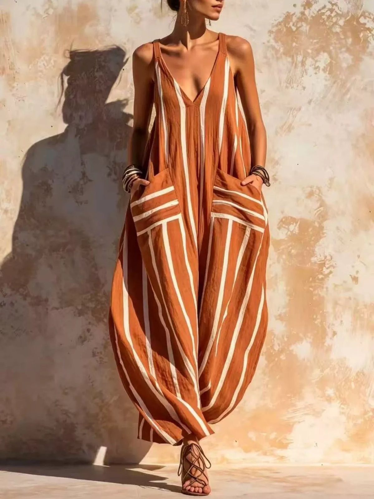 Striped V-neck Sleeveless Wide-leg Jumpsuit