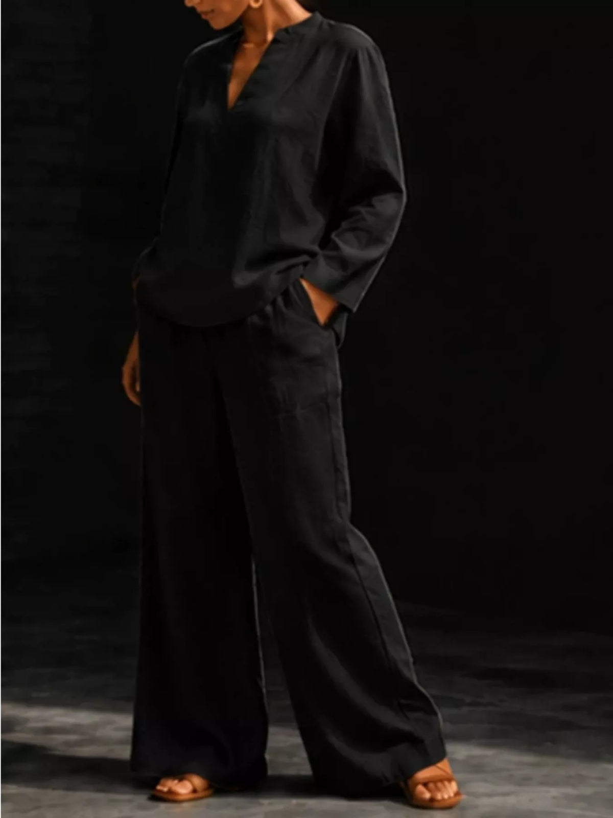 Notched Long Sleeve Top Pants Set (10)