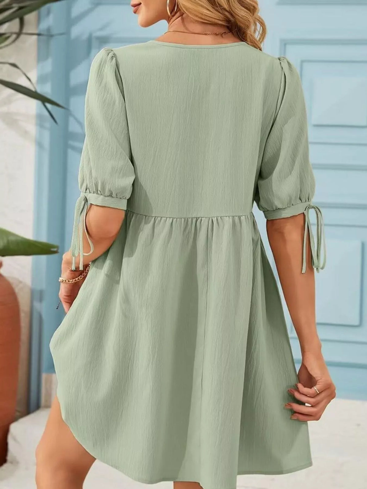 Tie-neck Puff Sleeve A-line Mini Dress (10)