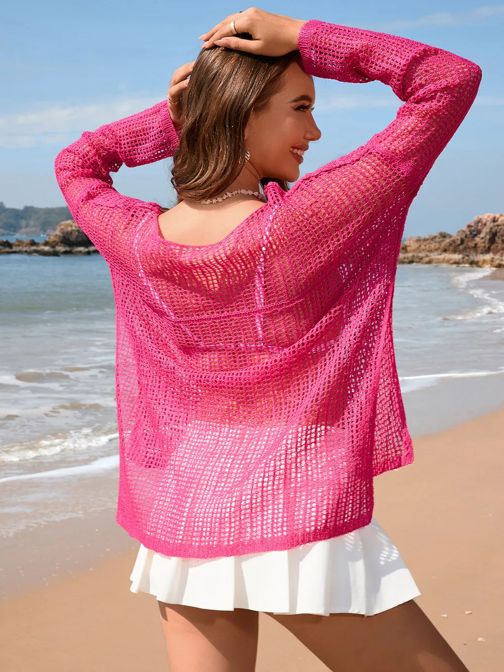 Openwork Slit Boat Neck Long Sleeve Cover-up (7)