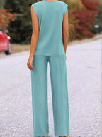 Casual Solid Color Cap Sleeve Top Pants Knit Set (11)