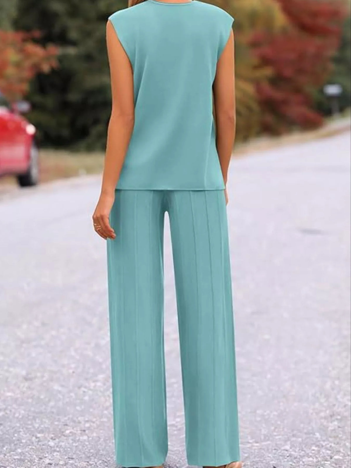 Casual Solid Color Cap Sleeve Top Pants Knit Set (11)
