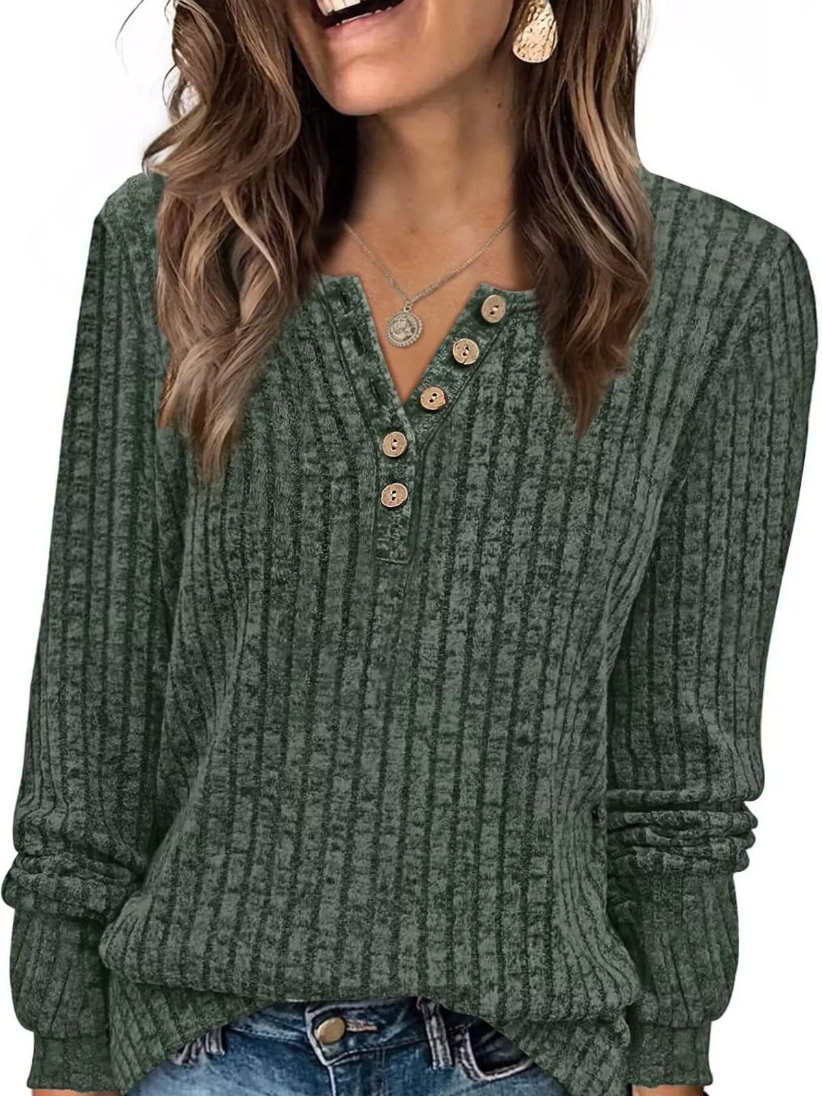 Ribbed Knit Button-front Long Sleeve T-shirt (20)