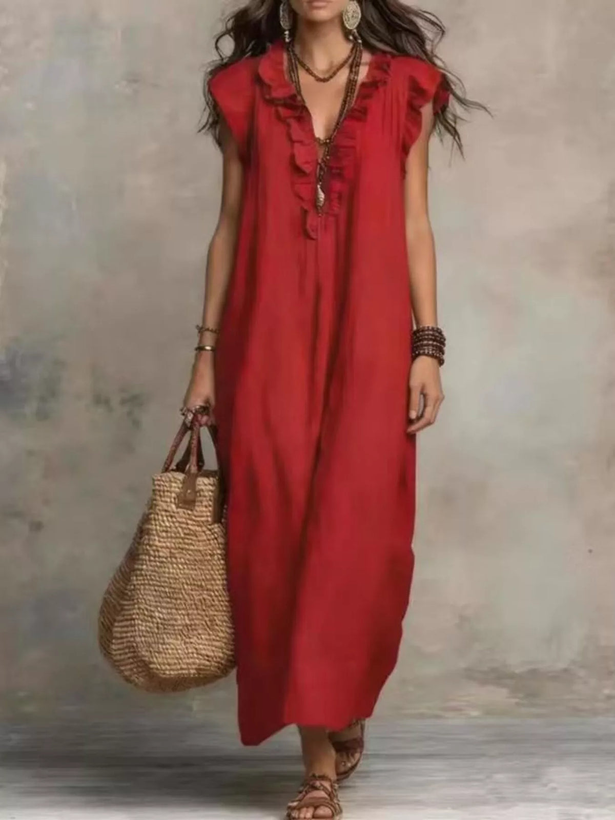 Full Size Bohemian Ruffle Neck Maxi Dress Plus (12)