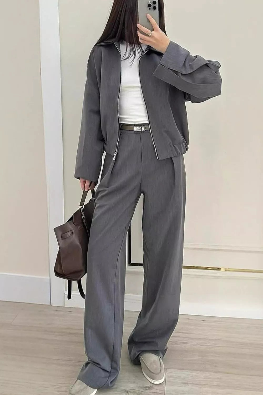 Zip-up Jacket Wide-leg Pants Set (4)