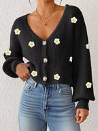 Floral V-neck Button-down Cropped Cardigan (2)