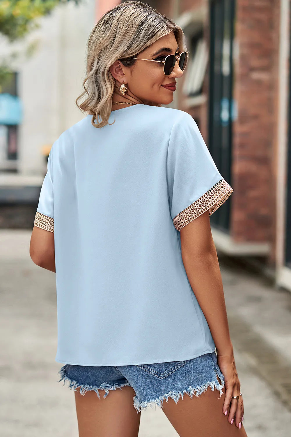 Openwork V-neck Short Sleeve T-shirt (15)