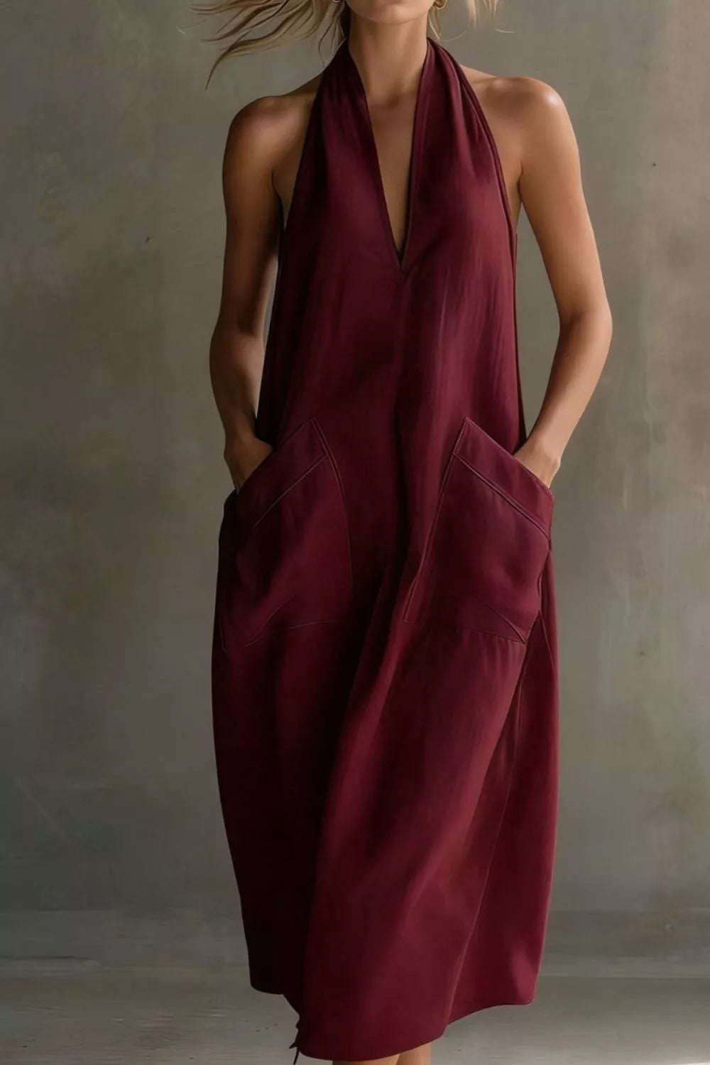 Casual Halter Neck Pocket Midi Dress (19)