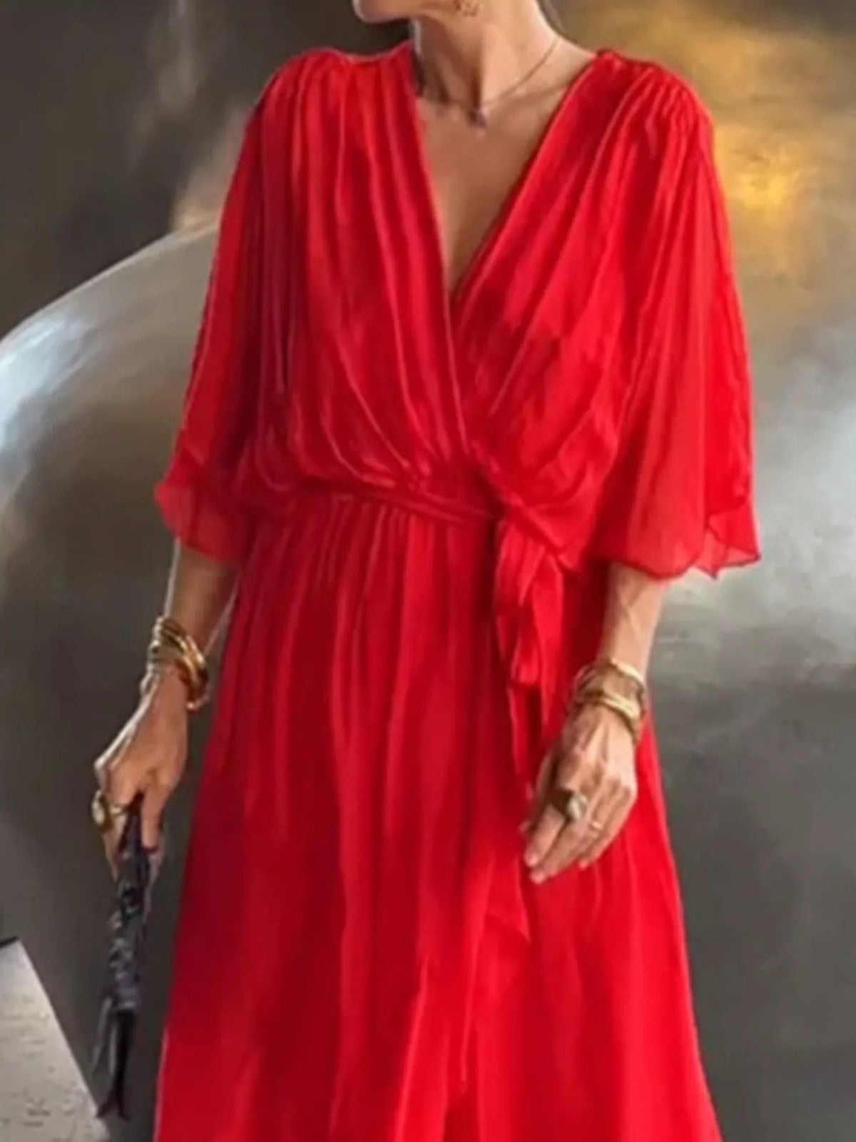 Full Size Chiffon Wrap Dress Flutter Sleeves Plus (14)