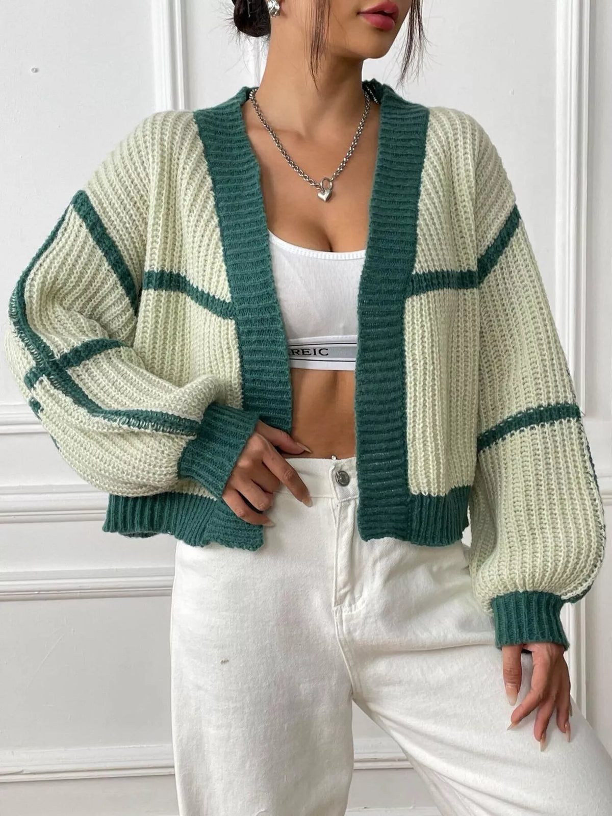 Color-block Ribbed Knit Open-front Cropped Cardigan (6)
