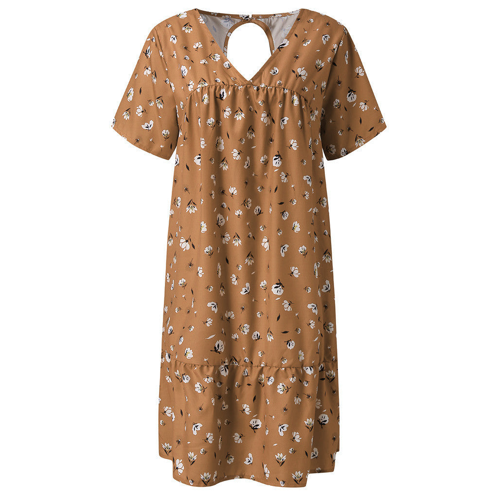 Print V-neck Dress variant CJNSSYLY07494-Brown-L|CJNSSYLY07494-Brown-3XL|CJNSSYLY07494-Brown-4XL|CJNSSYLY07494-Brown-XL|CJNSSYLY07494-Brown-XXL|CJNSSYLY07494-Brown-S|CJNSSYLY07494-Brown-5XL|CJNSSYLY07494-Brown-M