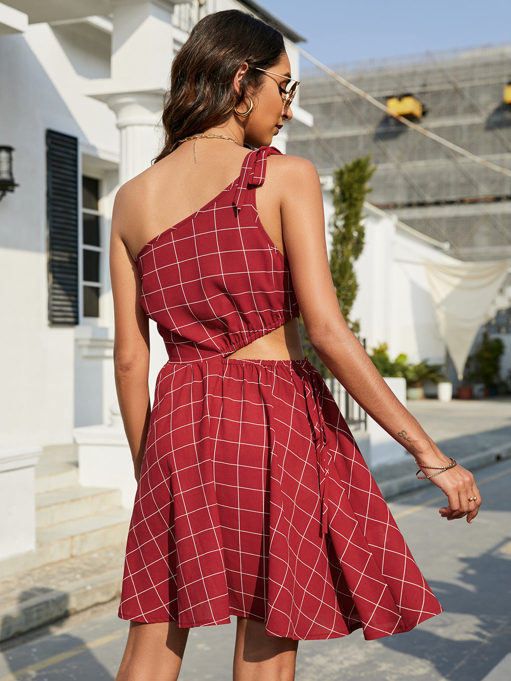 Grid One-shoulder Tied Cutout Dress (14)