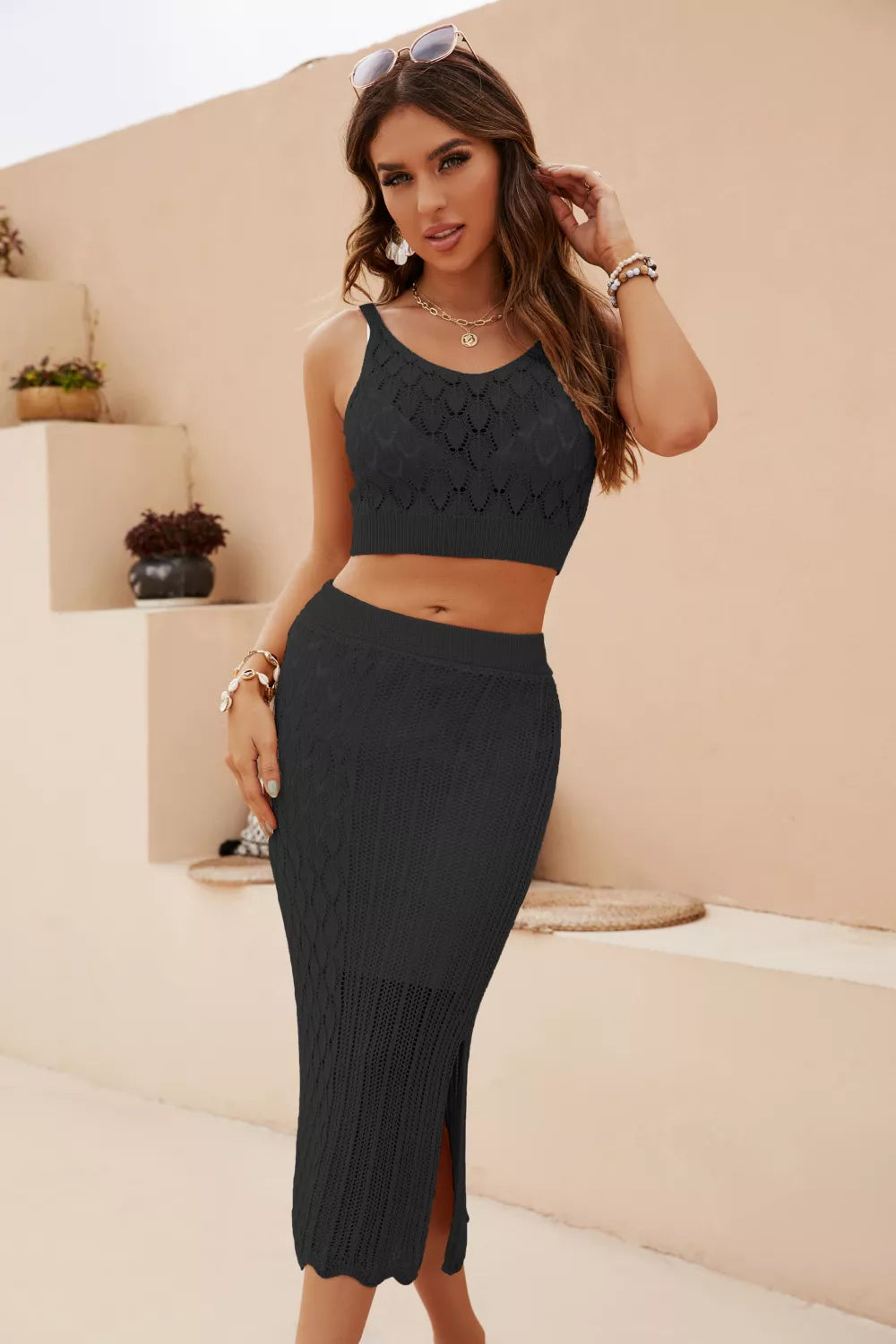 Openwork Cropped Tank Split Skirt Set (10)